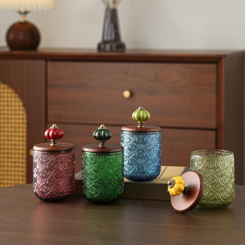 Candle Making Jars With Lids - レトロなガラス製綿棒収納ボックス、創造的な綿棒・つまようじ・フロス用の容器