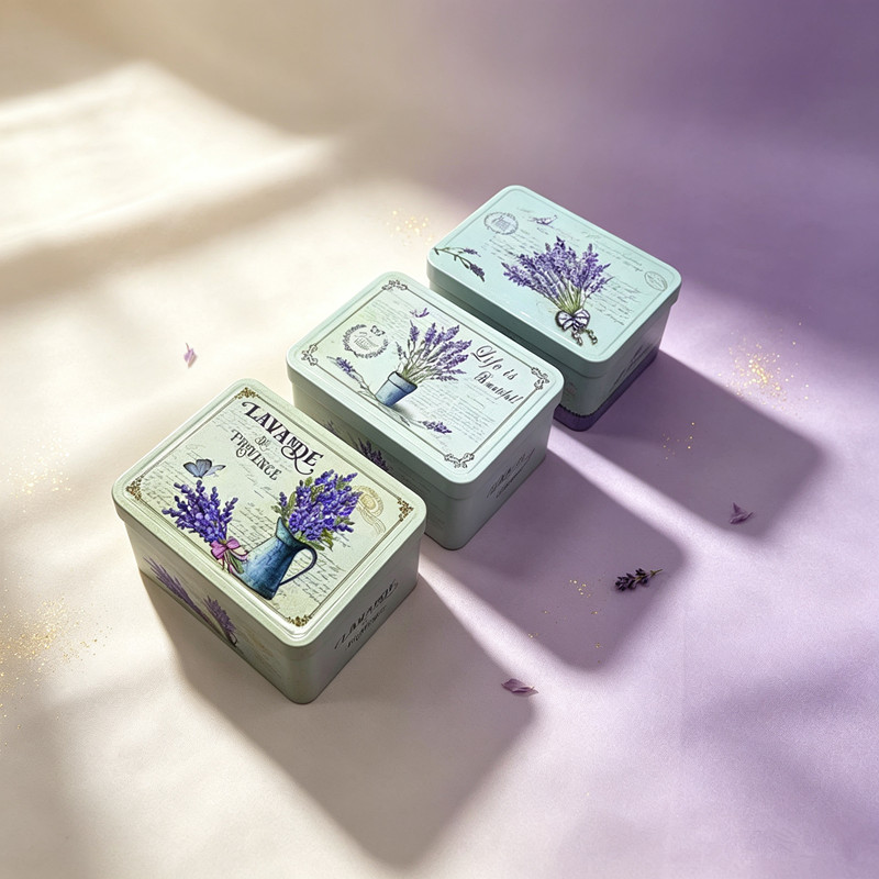 ヴィンテージラベンダー柄の金属製長方形収納缶、スナップオン式 - Tin Container Lid のレビューと価格