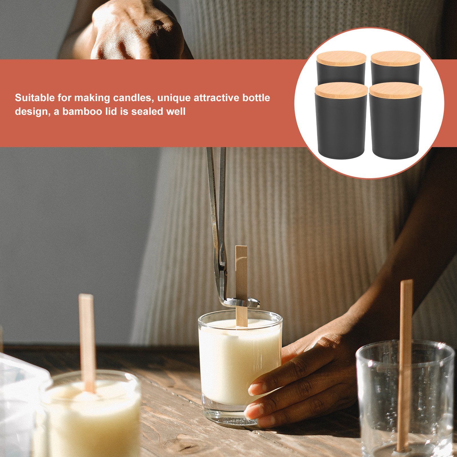 竹製の蓋が付いたガラス製キャンドルジャー4個セット。アロマワ - Candle Making Jars With Lids のレビューと価格